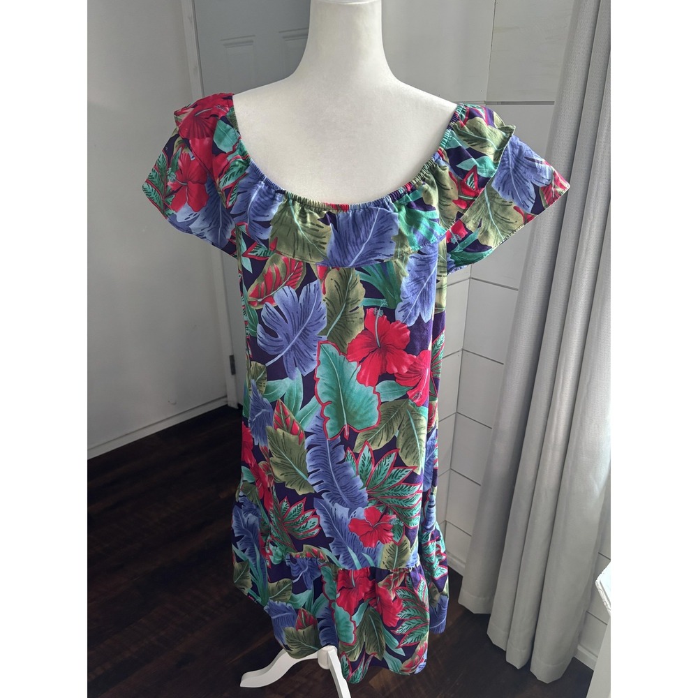 Hilo Hattie Hawaiian Dress Womens Medium Blue Red Floral Tropical Cotton Pockets